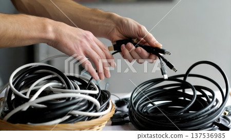 Adult Hands Sorting Tangled Cables Adult Hands Sorting Tangled Cables 137536985