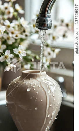Water Pouring From Faucet Into Ceramic Vase Water Pouring From Faucet Into Ceramic Vase 137536987