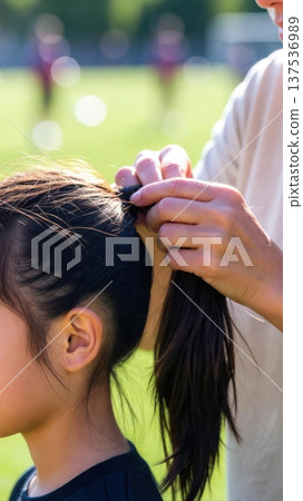 Adult Tying Girls Ponytail Before Sports Practice Adult Tying Girls Ponytail Before Sports Practice 137536989