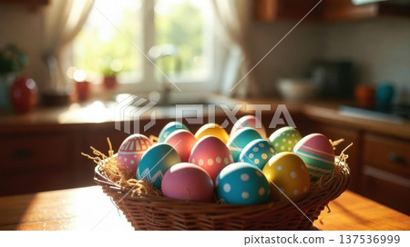 Basket of Colorful Easter Eggs on Kitchen Table Basket of Colorful Easter Eggs on Kitchen Table 137536999
