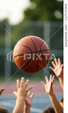 Basketball in Air Above Children Hands Outdoors 137537004