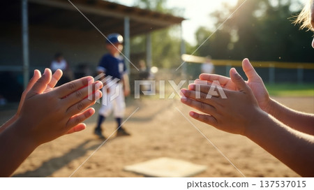 Children Clapping Near Baseball Dugout at Sunset Children Clapping Near Baseball Dugout at Sunset 137537015