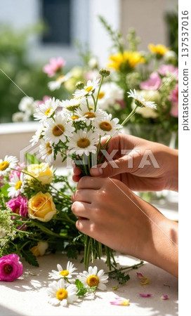Arranging Daisy Bouquet With Mixed Spring Flowers Arranging Daisy Bouquet With Mixed Spring Flowers 137537016