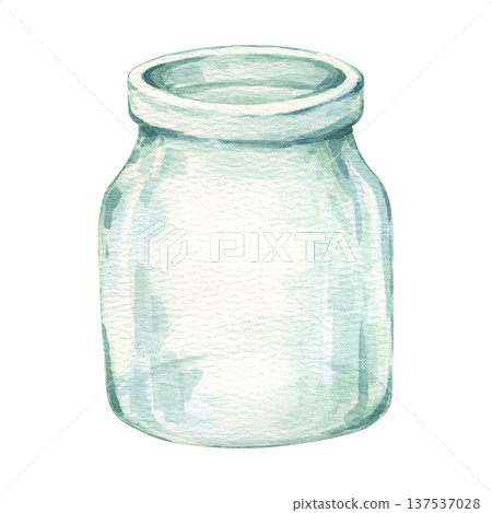 Simple transparent glass jar. Empty pot in a childish cartoon style.Watercolor illustration hand drawn and isolated on a white background. Ideal for design of different composition for kids products 137537028