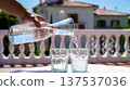 Pouring Sparkling Water Into Glasses on Terrace 137537036