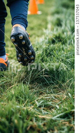 Soccer Cleat Stepping on Grass During Training Soccer Cleat Stepping on Grass During Training 137537043