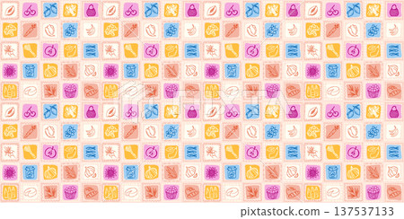 Farmers Market Summer Fruits Vegetables Mediterranean Supermarket Shopping Vector Seamless Pattern for Fashion Textile Design or Fresh Amalfi Wallpaper. Multicolored Doodle Tiles Retro Illustration 137537133