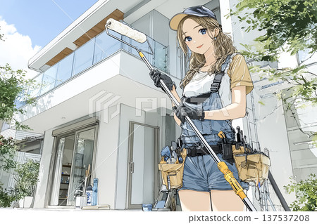 女工正在粉刷房屋外牆 | 微笑的女工手持油漆滾筒 137537208
