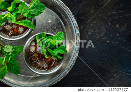 Mint Julep in the Kentucky Derby classic silver glass, with fresh mint leaves Mint Julep in the Kentucky Derby classic silver glass, with fresh mint leaves 137537277