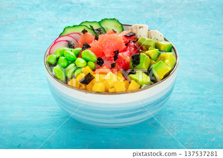 Vegan poke bowl with grapefruit, avocado, mango, edamame, radish 137537281