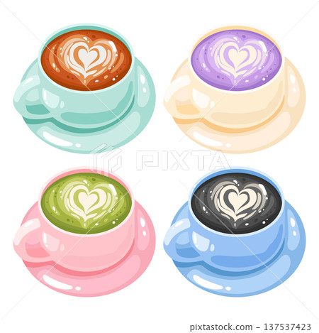 Cute variety latte art, coffee, matcha, charcoal, taro flavor Cute variety latte art, coffee, matcha, charcoal, taro flavor 137537423