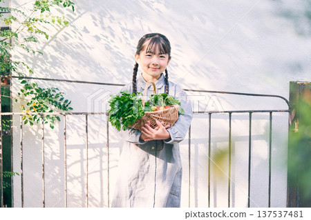 Girl holding vegetables in the garden Girl holding vegetables in the garden 137537481