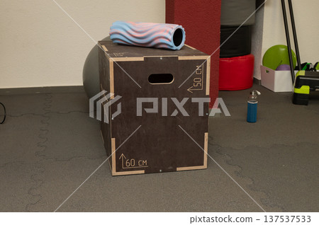 Exercise equipment: foam roller and plyo box in a fitness gym Exercise equipment: foam roller and plyo box in a fitness gym 137537533