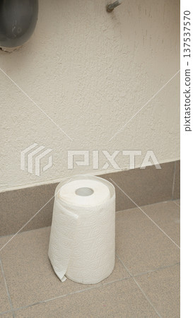 Large toilet paper roll on tiled bathroom floor Large toilet paper roll on tiled bathroom floor 137537570