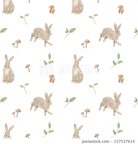 Seamless pattern with forest animals rabbit and leaves on white background, woodland watercolour illustrations Seamless pattern with forest animals rabbit and leaves on white background, woodland watercolour illustrations 137537614