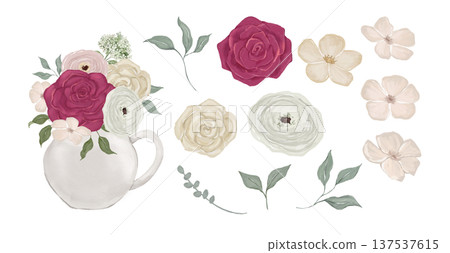 Vintage watercolour porcelain jug with spring flowers bouquet, hand drawn isolated illustrations, bud and leaves 137537615