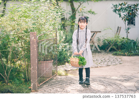 女孩提著一籃蔬菜在花園裡 137537763