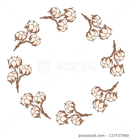 Wreath with hand drawn cotton branch arranged in circle. Flat style illustration background for textile design, organic packaging and rustic branding. Wreath with hand drawn cotton branch arranged in circle. Flat style illustration background for textile design, organic packaging and rustic branding. 137537900