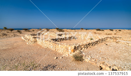 Stone foundations and historical architectural ruins of the ancient trade city of Qalhat in Oman overlooking the Arabian Sea. 137537915