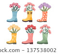Collection of rain boots with bouquets of spring flowers. Cute spring illustrations. 137538002