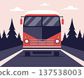 Passenger bus on the road against a forest landscape. A front view of a retro bus. 137538003