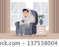 Sad man in blanket sitting in armchair and drinking a hot drink. Concept of illness, sickness, cold, flu, fever. Illustration. 137538004