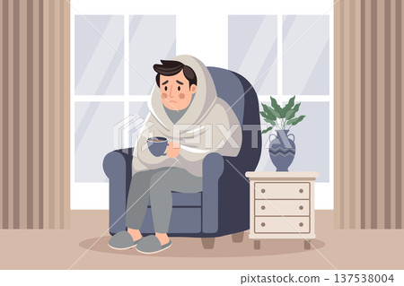 Sad man in blanket sitting in armchair and drinking a hot drink. Concept of illness, sickness, cold, flu, fever. Illustration. Sad man in blanket sitting in armchair and drinking a hot drink. Concept of illness, sickness, cold, flu, fever. Illustration. 137538004