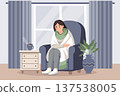 Sad woman in blanket sitting in armchair and drinking a hot drink. Concept of illness, sickness, cold, flu, fever. Illustration. 137538005