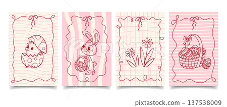 Cute set of Easter cards with hand drawn basket of eggs, bunny, chick and spring flowers. Illustration. Cute set of Easter cards with hand drawn basket of eggs, bunny, chick and spring flowers. Illustration. 137538009