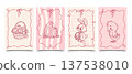 Cute set of Easter cards with hand drawn basket of eggs, bunny, chick and spring flowers. Illustration. 137538010