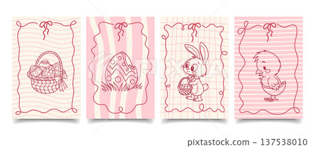 Cute set of Easter cards with hand drawn basket of eggs, bunny, chick and spring flowers. Illustration. Cute set of Easter cards with hand drawn basket of eggs, bunny, chick and spring flowers. Illustration. 137538010