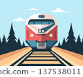 Modern red train on tracks in a forest. The train moves across the landscape. Illustration. 137538011