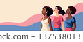 Horizontal banner with women of different skin colors, nationalities looking up. Feminist, freedom concept. 137538013