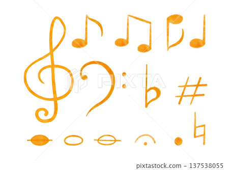 Bass, treble clef, pause musical symbols hand painted in watercolor, golden yellow, isolated on white. Music notation elements for education, sheet music, lessons, posters, prints, worksheets design 137538055