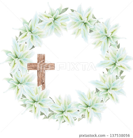 Watercolor wreath of white Easter lilies with wooden cross, hand painted Christian illustration isolated on black background, symbol of faith, resurrection and purity for church design, holiday cards Watercolor wreath of white Easter lilies with wooden cross, hand painted Christian illustration isolated on black background, symbol of faith, resurrection and purity for church design, holiday cards 137538056