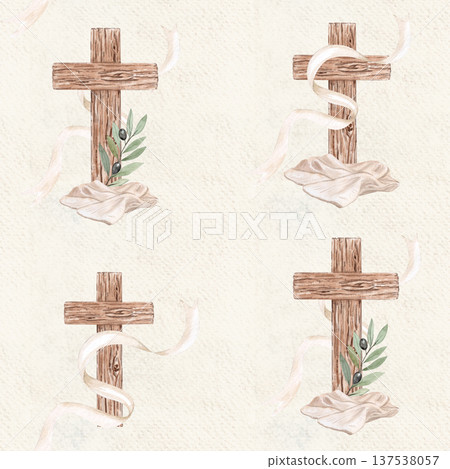 Wooden cross with bread, linen cloth, clay cup, linen cloth and flowing ribbon watercolor seamless pattern on beige. Religious compositions, suitable for Lent designs, communion, eucharist, packaging 137538057