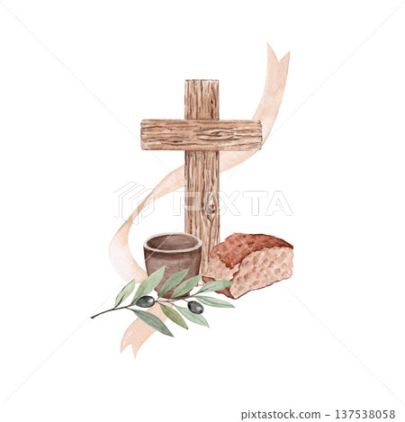 Wooden cross with bread, clay cup, olive branch with flowing ribbon watercolor illustration on white. Religious composition, great for Lent design, cards, communion invitation, spiritual publications 137538058
