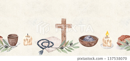 Wooden cross, rosary, bowl of ashes, candle, bread, olive branch seamless horizontal watercolor border on beige with copy space perfect for for Lent church designs. White background. Christian symbols 137538070
