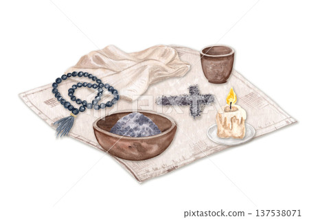 Ash cross, rosary beads, folded burial cloth, candle, clay cup and bowl with ashes watercolor isolated on white. Perfect for Ash Wednesday, Holy Week, church media, sermons, posters, faith-based Ash cross, rosary beads, folded burial cloth, candle, clay cup and bowl with ashes watercolor isolated on white. Perfect for Ash Wednesday, Holy Week, church media, sermons, posters, faith-based 137538071