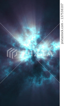 Bright blue energy cloud radiating light through a dark cosmic atmosphere Bright blue energy cloud radiating light through a dark cosmic atmosphere 137538107