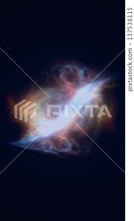 Abstract glowing energy mass in deep space, resembling a nebula or a burst of galactic light with vivid blue and orange hues 137538115