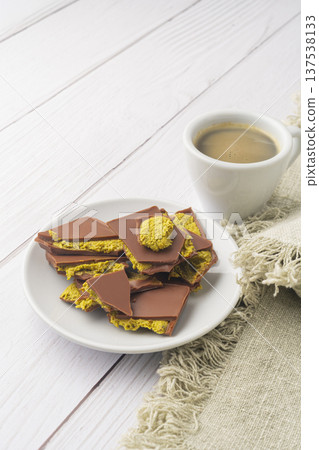 Close-up of Dubai style chocolate with coffee Close-up of Dubai style chocolate with coffee 137538133
