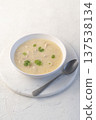 Close-up of Georgian traditional chicken soup Chikhirtma in the white plate  137538134