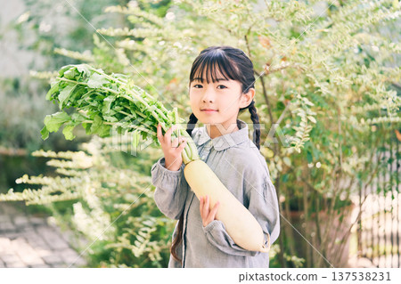 Girl holding radish in the garden Girl holding radish in the garden 137538231