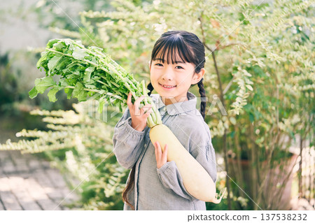 Girl holding radish in the garden 137538232