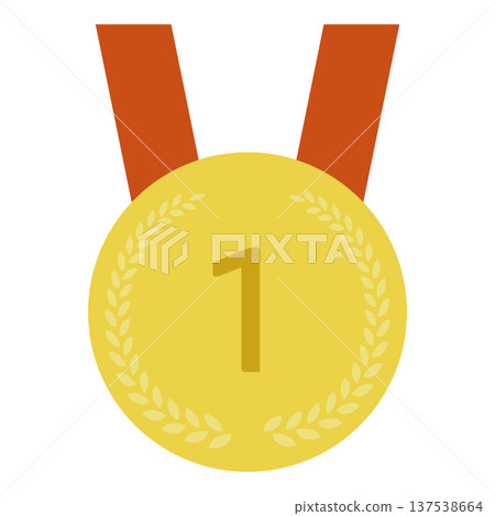 Gold medal with red ribbon 1st place ranking flat illustration 137538664