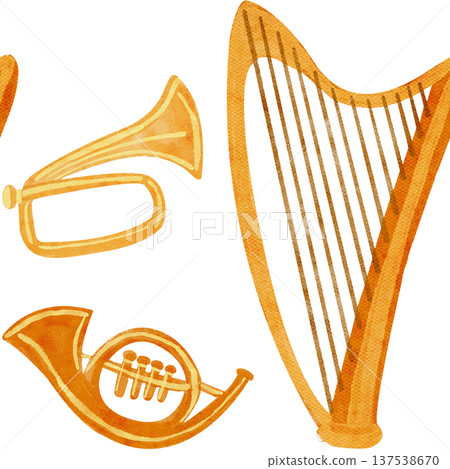 Golden harps and brass horns arranged in a rhythmic musical layout.Watercolor seamless pattern. Hand-painted clip art on white, ideal for festive textiles, wrapping paper, cards, creative projects Golden harps and brass horns arranged in a rhythmic musical layout.Watercolor seamless pattern. Hand-painted clip art on white, ideal for festive textiles, wrapping paper, cards, creative projects 137538670