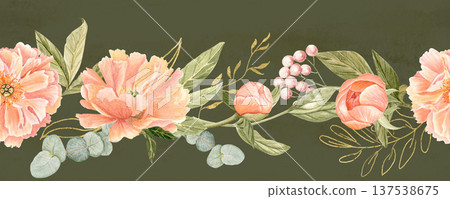 Peach peonies, eucalyptus, berries watercolor seamless border on green background. Hand-painted perfect for wedding decor, branding, packaging, fabric design, cards. Gold details. Horizontal clip art Peach peonies, eucalyptus, berries watercolor seamless border on green background. Hand-painted perfect for wedding decor, branding, packaging, fabric design, cards. Gold details. Horizontal clip art 137538675