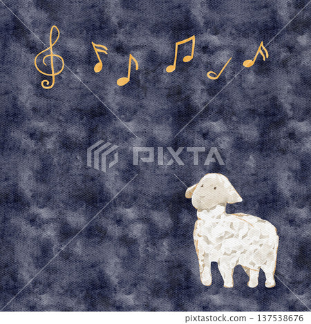 Lamb with musical notes and treble clef above. Watercolor square composition on textured blue background. Perfect for children themes, card, nursery decor, lullaby design, packaging, creative projects 137538676