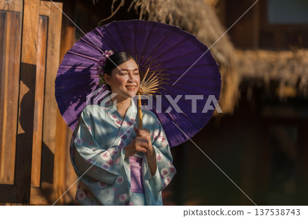 woman in yukata (kimono dress) holding umbrella woman in yukata (kimono dress) holding umbrella 137538743